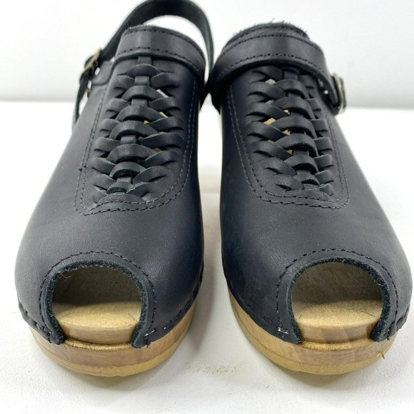 No. 6 Sven Clog Woven Slingback Peep Toe Wooden Heel Black Leather Shoes Size 38 - Picture 2 of 9